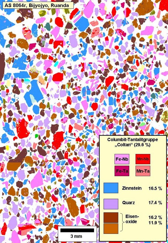 Electron-microphotograph of a tantalum ore concentrate from Rwanda consisting of around 30 % coltan minerals. The remaining minerals are made up of cassiterite, quartz and iron oxide